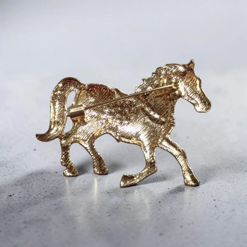Red Enamel Horse Brooch Pin, Gold Tone Rhinestone Equestrian Pin, Carousel Horse